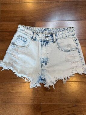 SHEIN Hi-Rise Light Blue Acid-Wash Distressed Denim Shorts